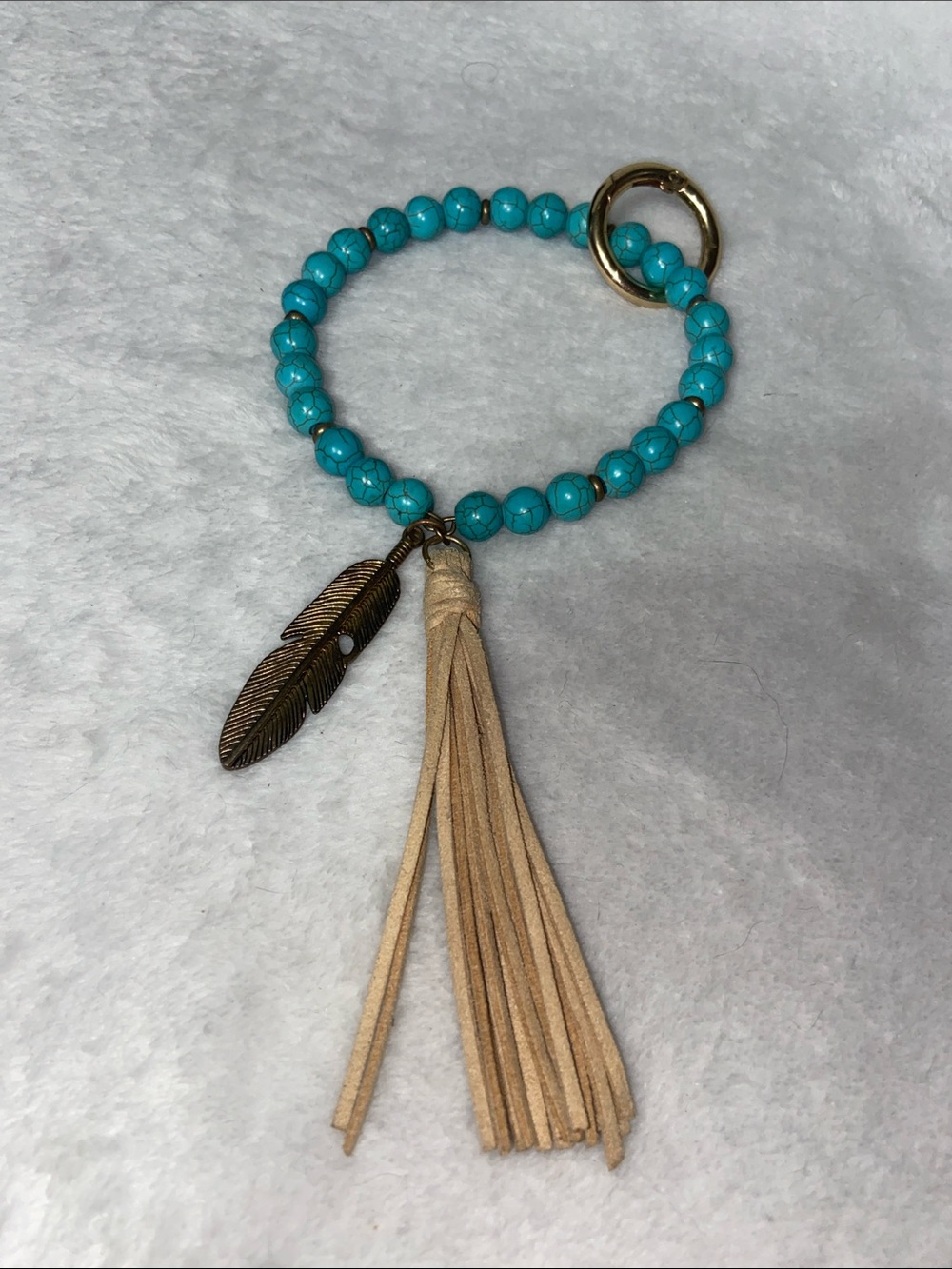 Turquoise Beaded Tassel Keyring Bracelet with Feather Charm